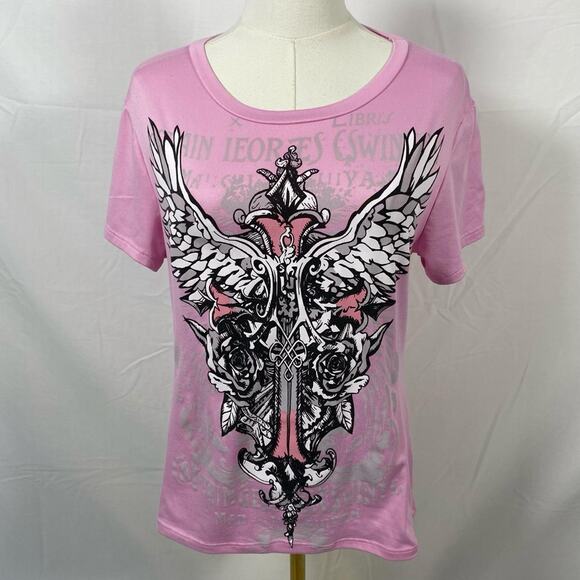 Wild Love Tops - Wild Love pink winged cross t shirt size large y2k grunge preppy emo